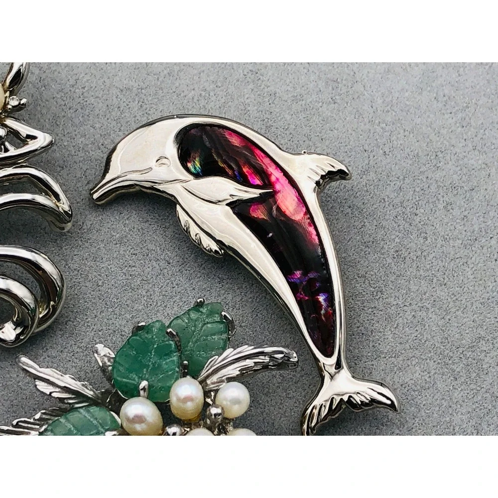Vintage Brooch‎ Pin Lot Dolphin Flower Faux Pearl Green Stone Leaf Silver Tone